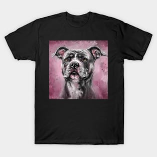 Painting of a Gray / Black Pit Bull Looking into the Horizon, on Purple Background T-Shirt